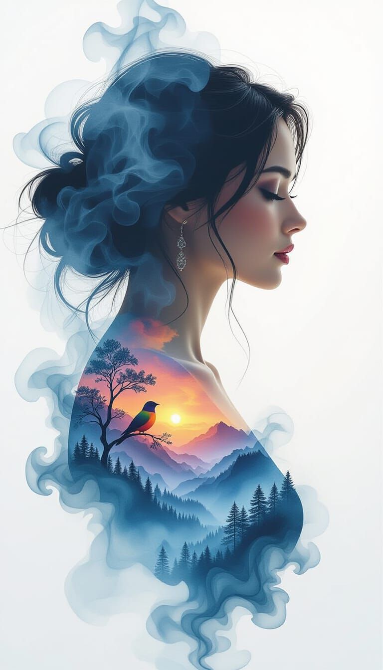 Dreamy Female Portrait with Landscape Double Exposure in Wat...