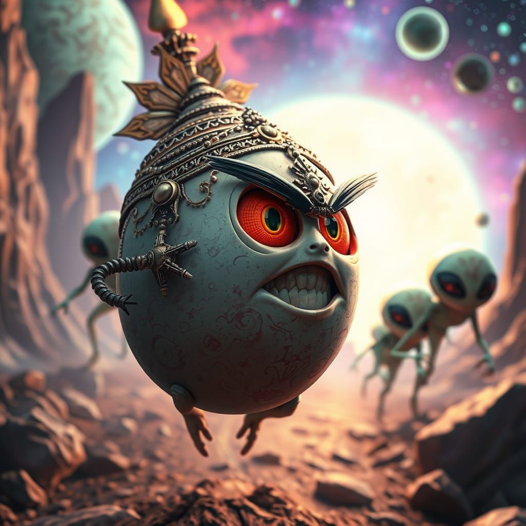 Angry Egg Chasing Aliens in Italian Sci-Fi Style