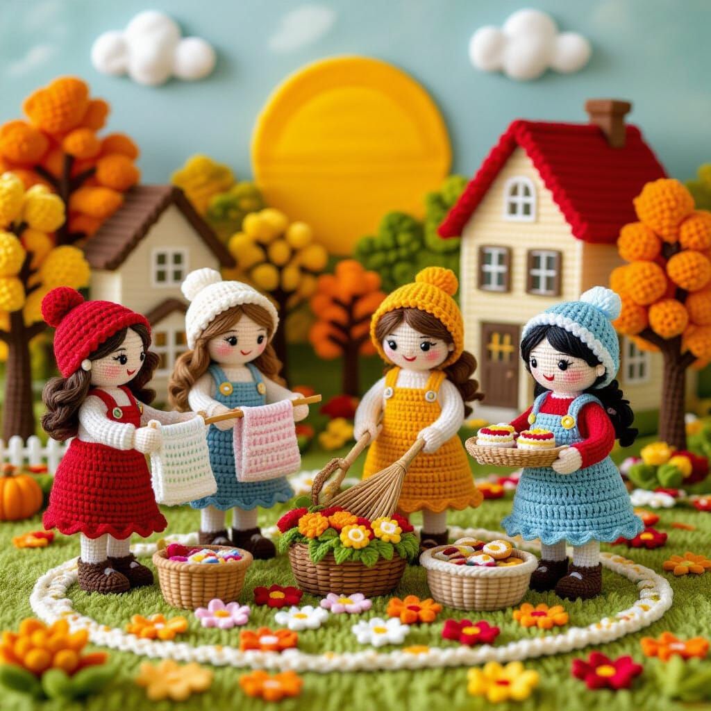 Crocheted Women Doing Autumn Chores in Suburbia