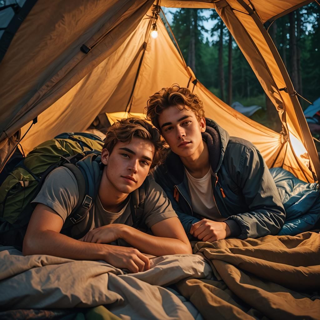 Guys Cuddled in Tent on Summer Night