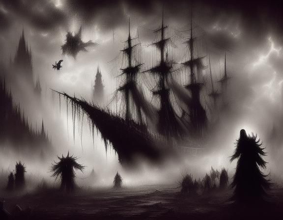 Pirate Ship Lightning Strike in Dark Fantasy Style