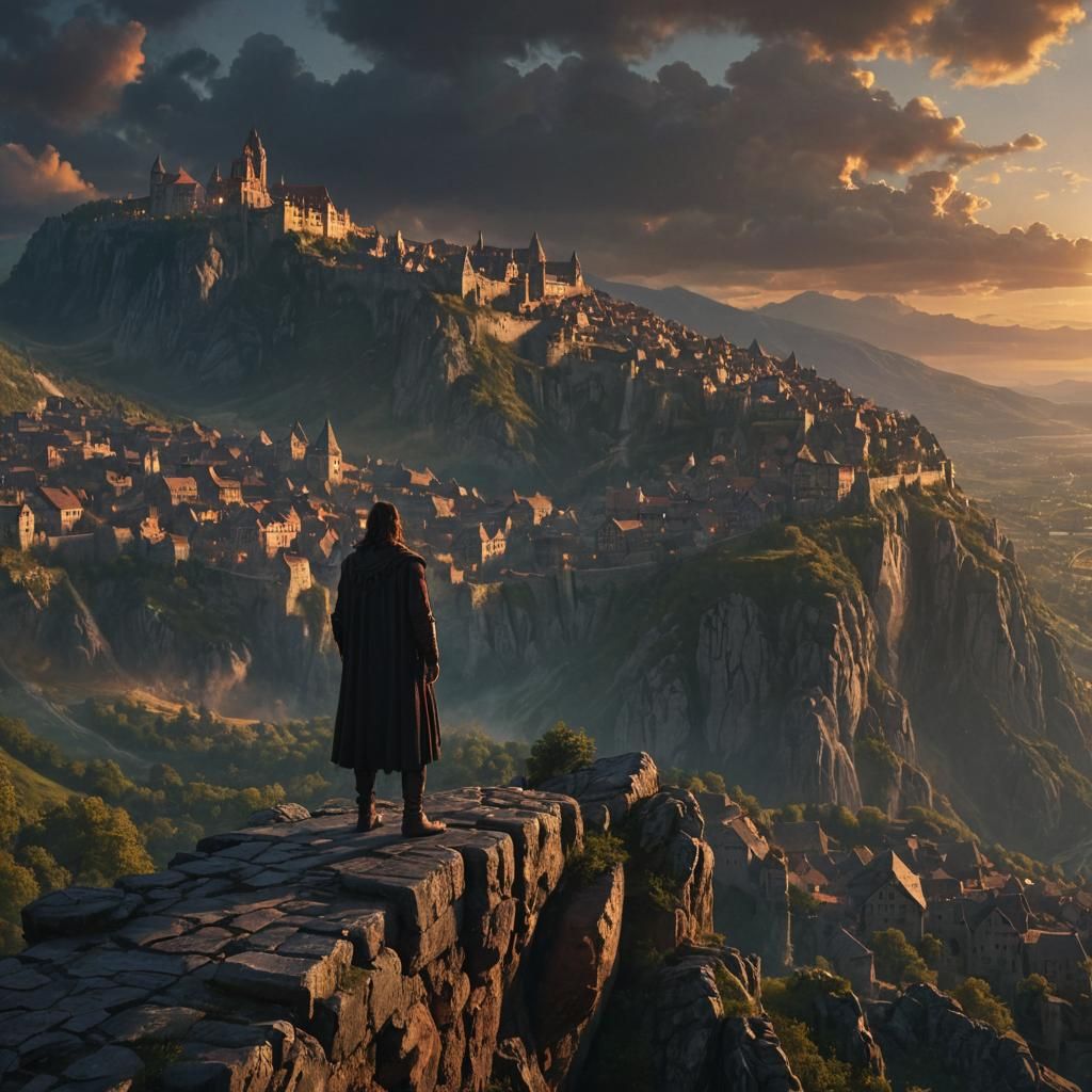 Vlad Tepes Overlooks Medieval Village at Sunset