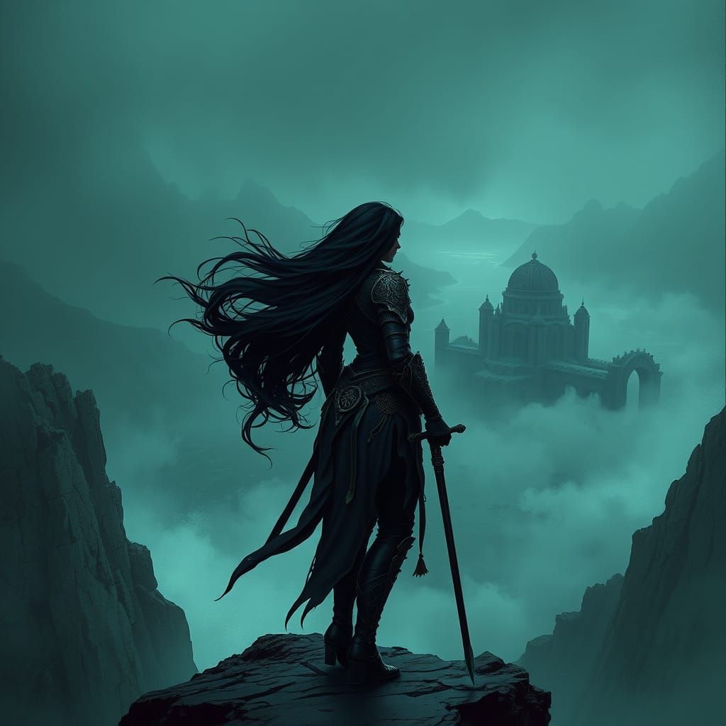 Warrior Woman on Precipice Overlooking Mist Valley