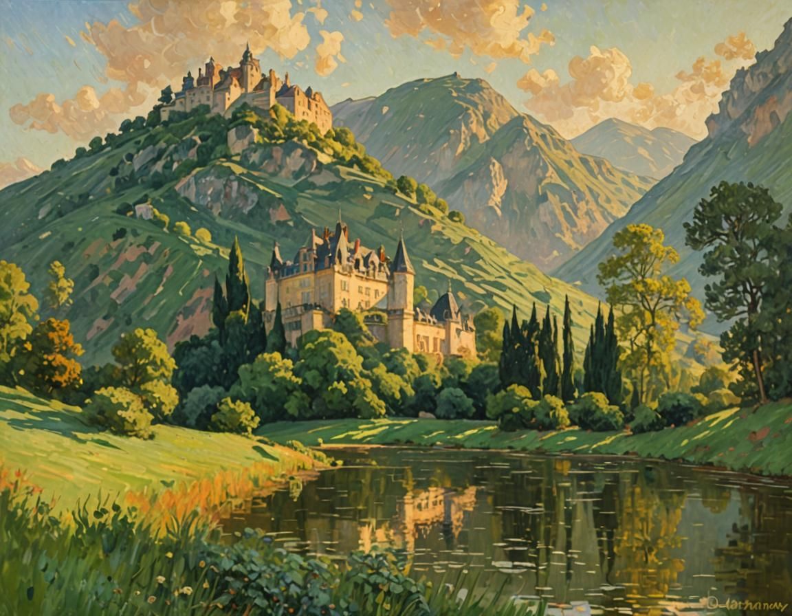 Impressionist Château on Hill in Golden Light