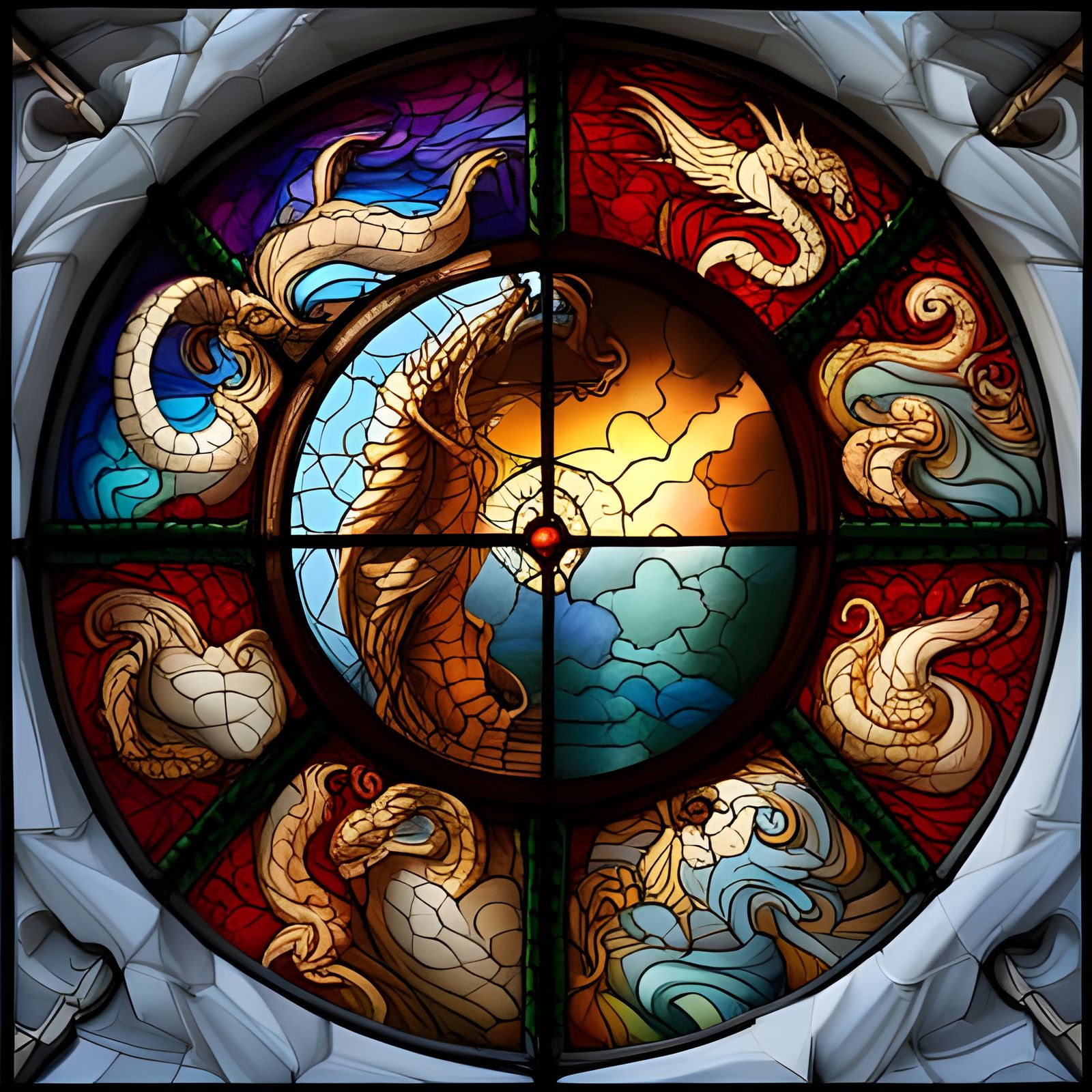 Stained Glass Window with Mythical Creatures