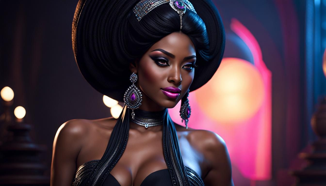 Alluring Woman with Ebony Hair, Photorealistic Oil Painting