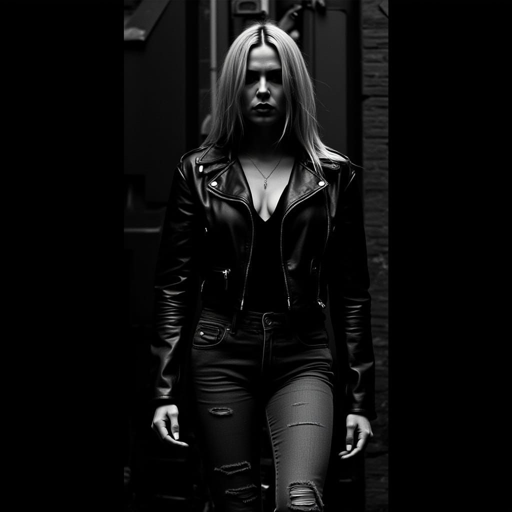 Fierce Woman in Alleyway in Gritty High-Contrast Style