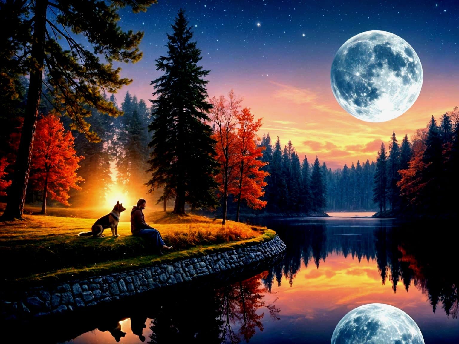 Figure and Dog by Moonlit Lake in Autumn
