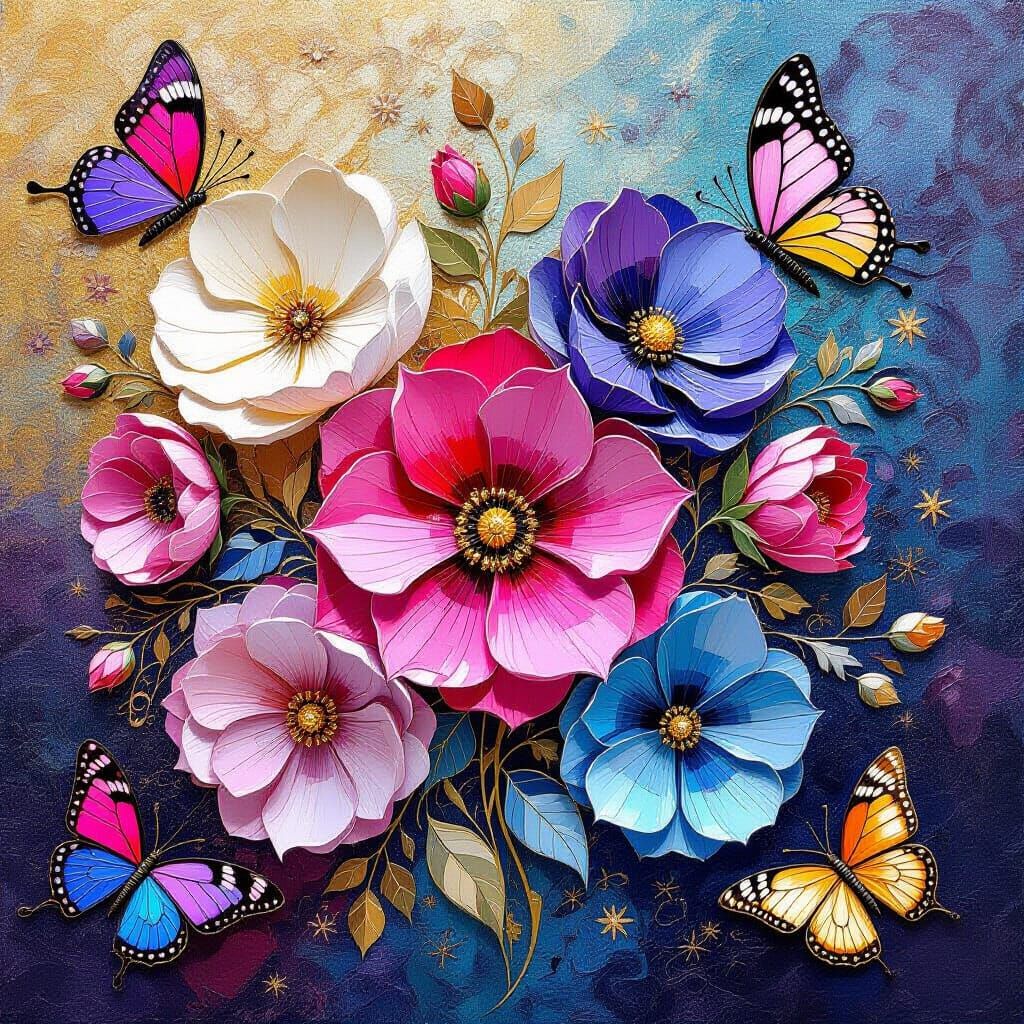 Kaleidoscopic Flowers and Butterflies in Impasto Style