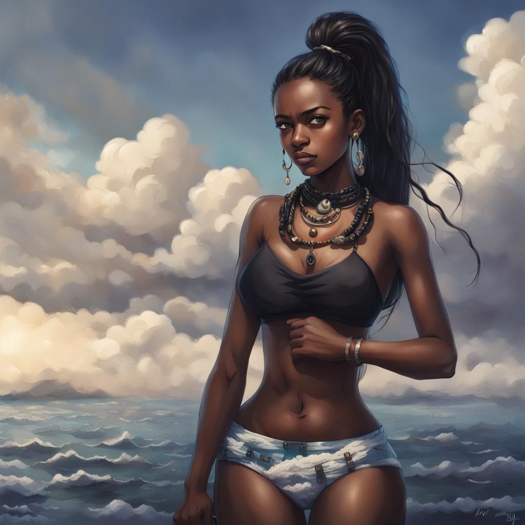 Realistic Portrait of Woman with Dark Skin and Black Hair