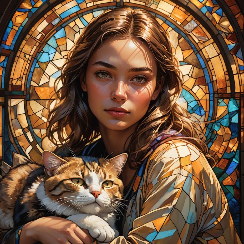 Girl with Cat: Hyperrealistic Digital Portrait