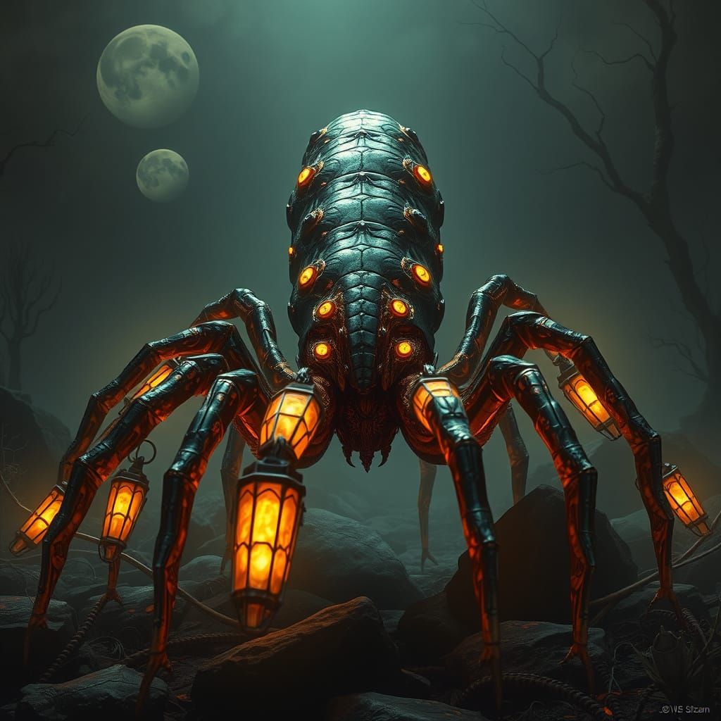 Surreal Serpent-Tarantula Hybrid in Dark Fantasy Landscape