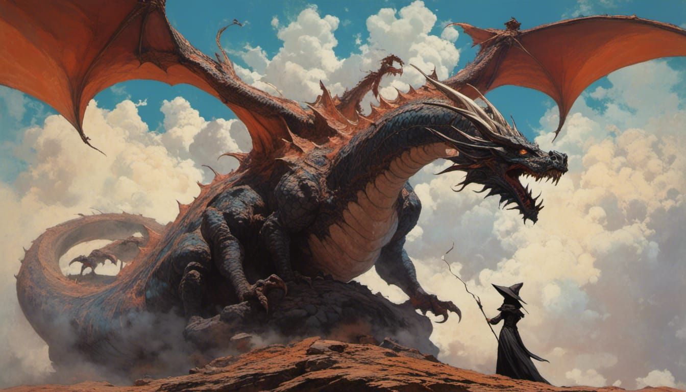 Elderly Witch Spellcasting on Colossal Dragon in Anime Style