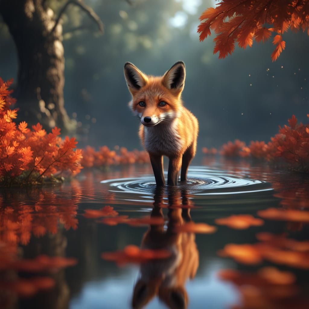 Fox Pup in Autumn Leaves, Detailed Matte Painting