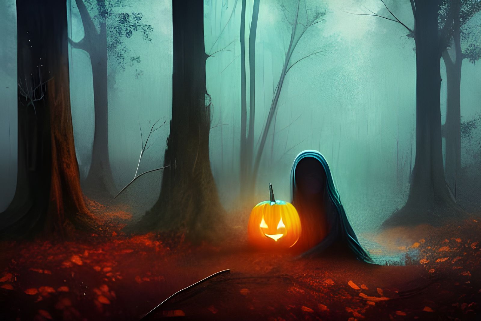 Joyous Ghost in Halloween Forest, Matte Painting