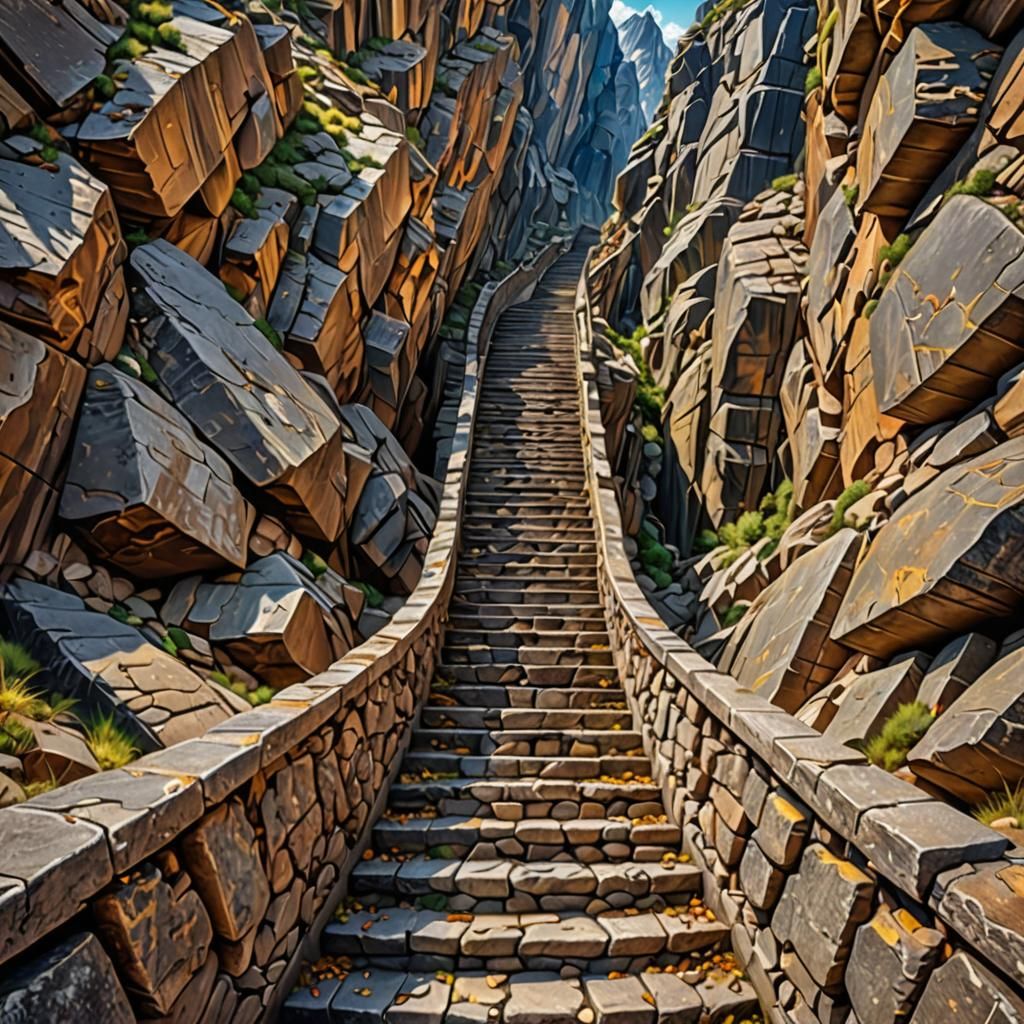 Endless Staircase Illusion in Rocky Landscape: Photorealisti...