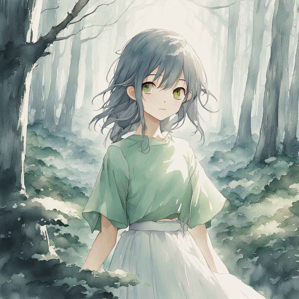 Anime Girl in Serene Watercolor Forest