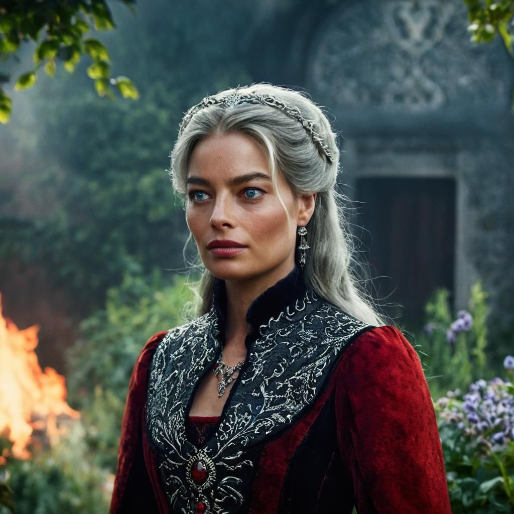 Silver-Haired Princess in Red and Black Gown