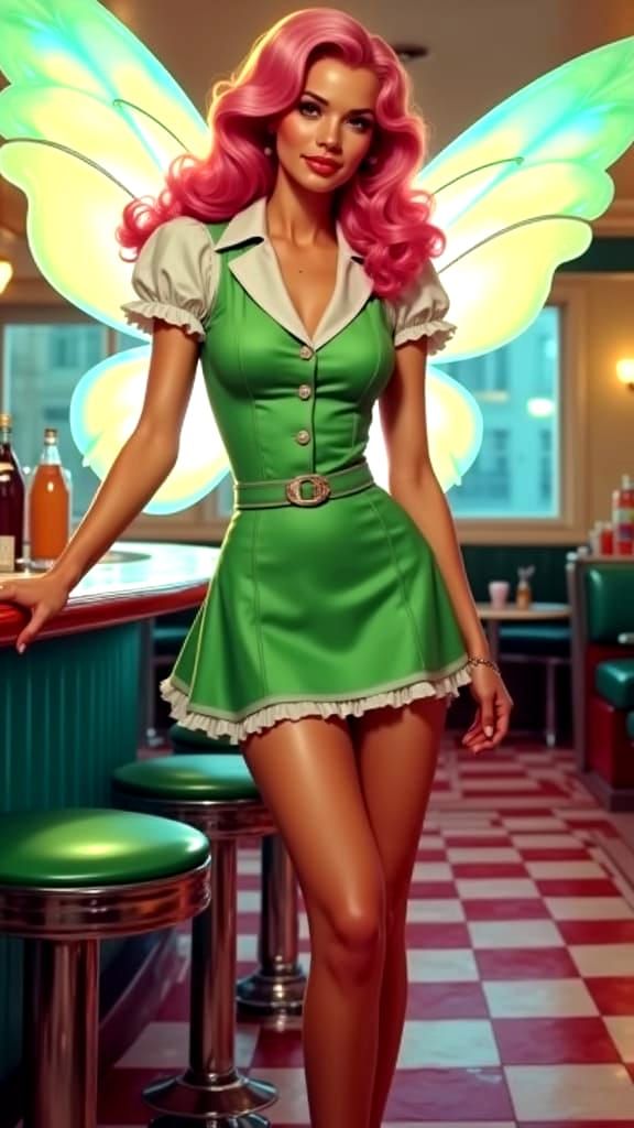 Fairy Waitress in 1950s Diner, Gil Elvgren Style