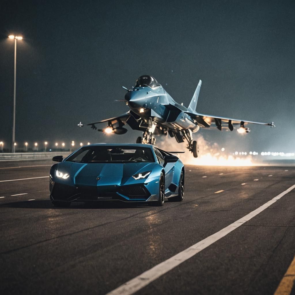 Blue Lamborghini and Fighter Jet in Dark Movie Scene