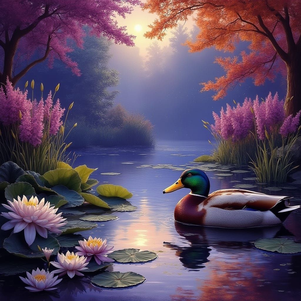 Hyper-Realistic Mallard Duck in a Dreamy Lily Pond