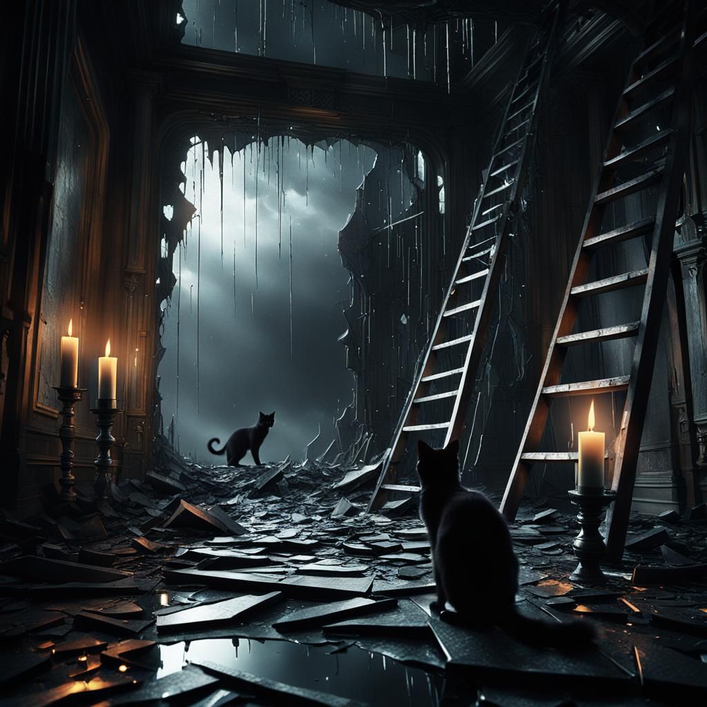 Black Cat Under Ladder in Surreal Digital Art