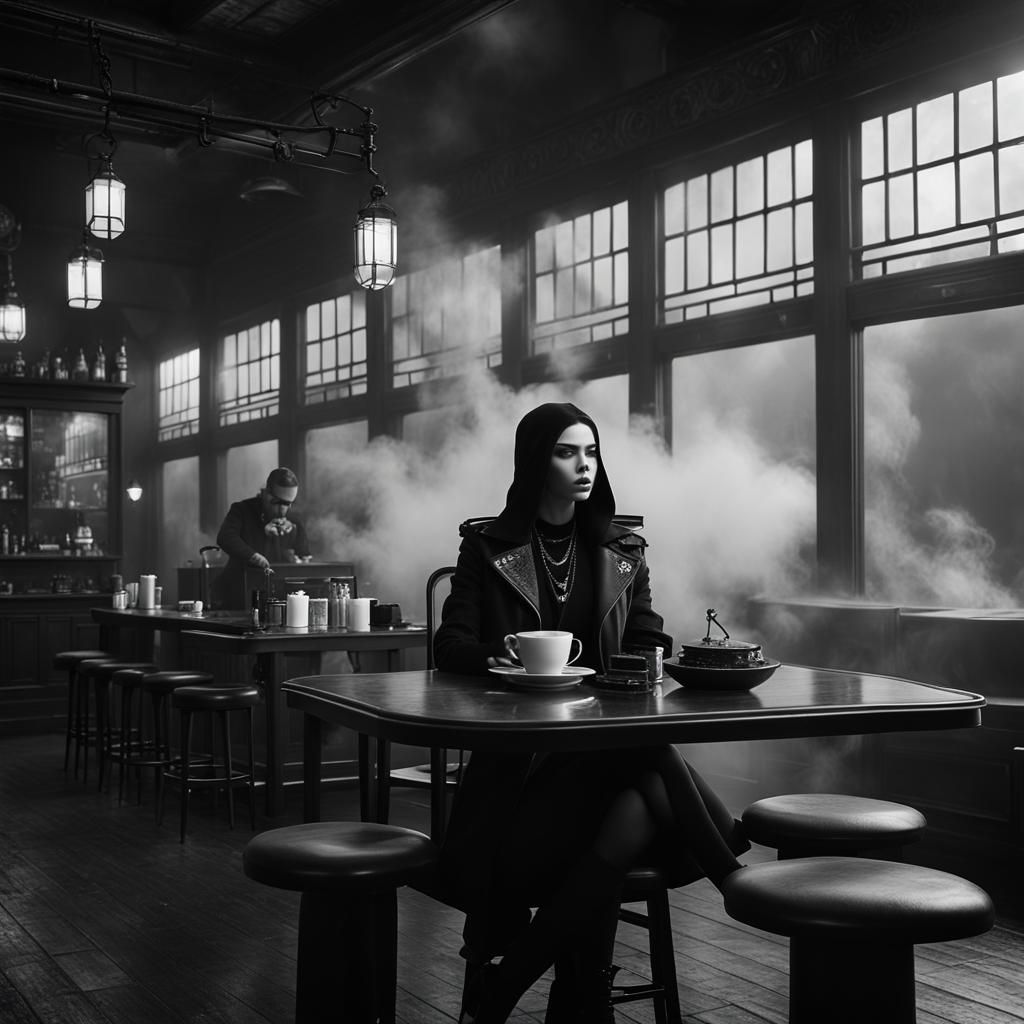 Goth Model in Coffee Shop: Grainy Black and White