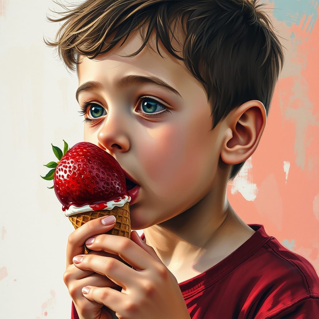 Hyperrealistic Charcoal Drawing of Boy Enjoying Strawberry I...