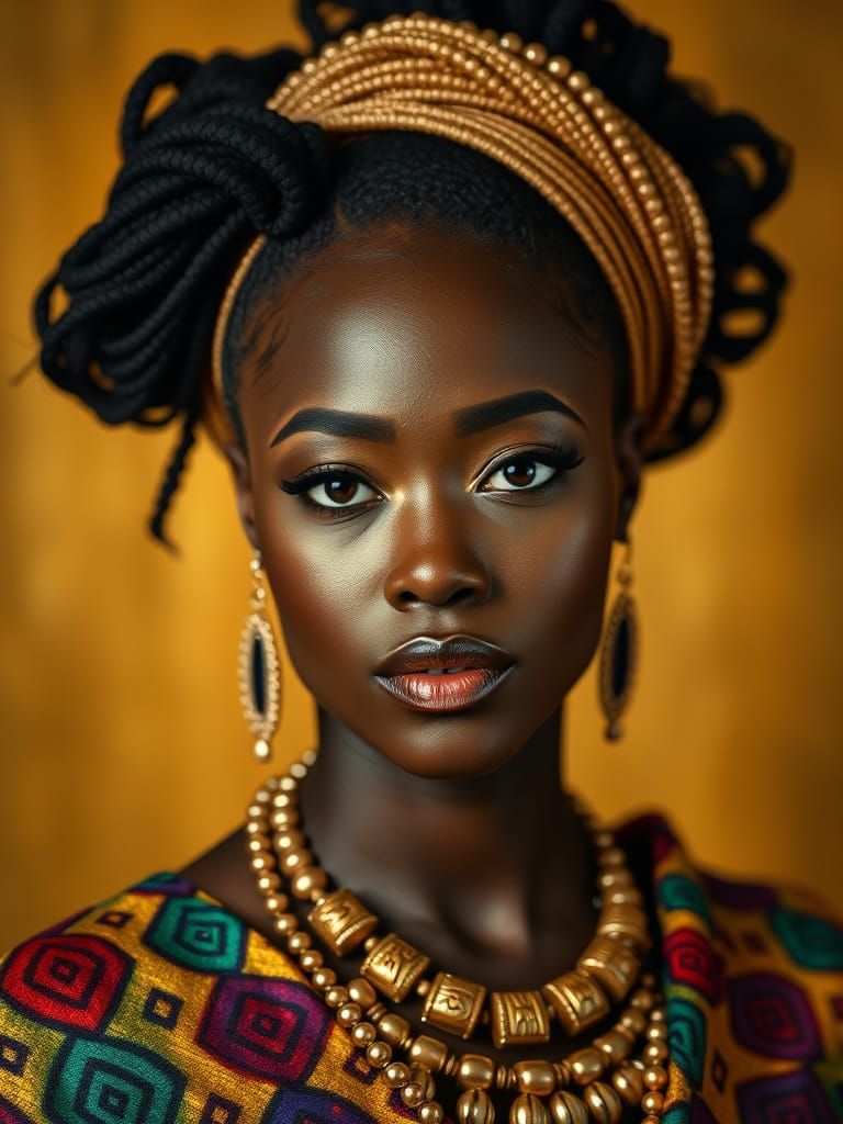 Poised African American Woman in Ornate Aso Oke Attire