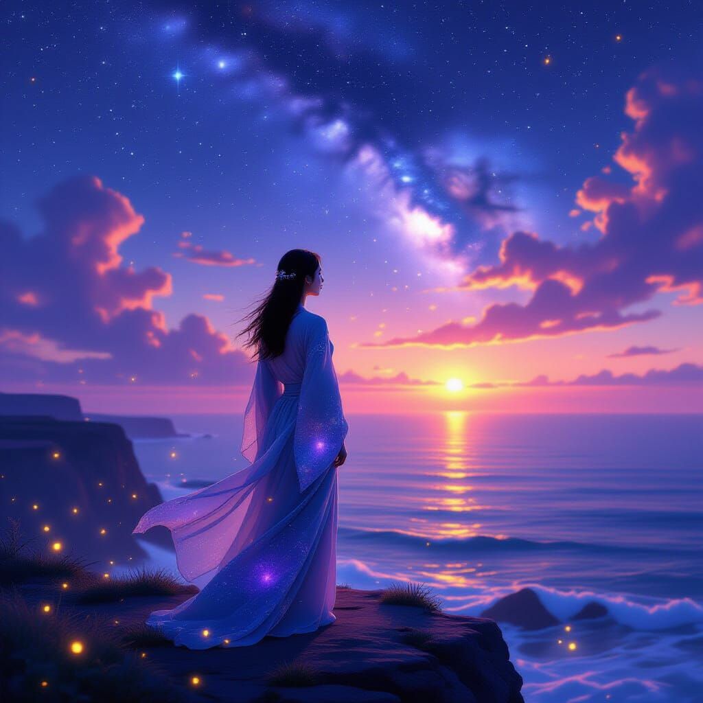 Ethereal Sunset Portrait of Woman Overlooking Ocean