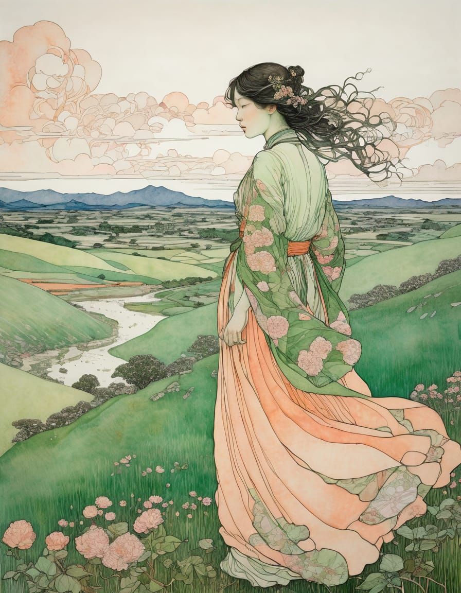 Goth Woman in Spring, Organic Line Drawing