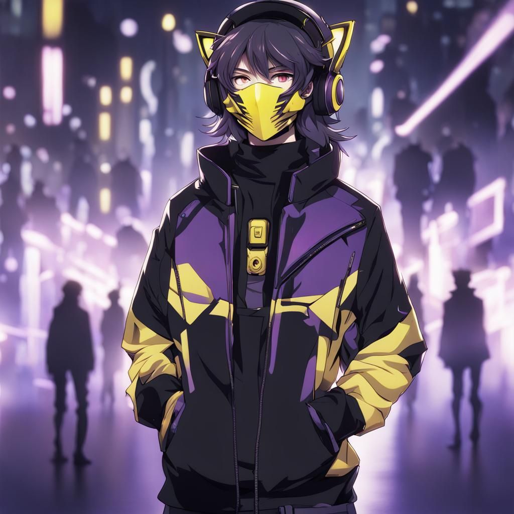Futuristic Masked Figure with Cat Ears in Anime Style