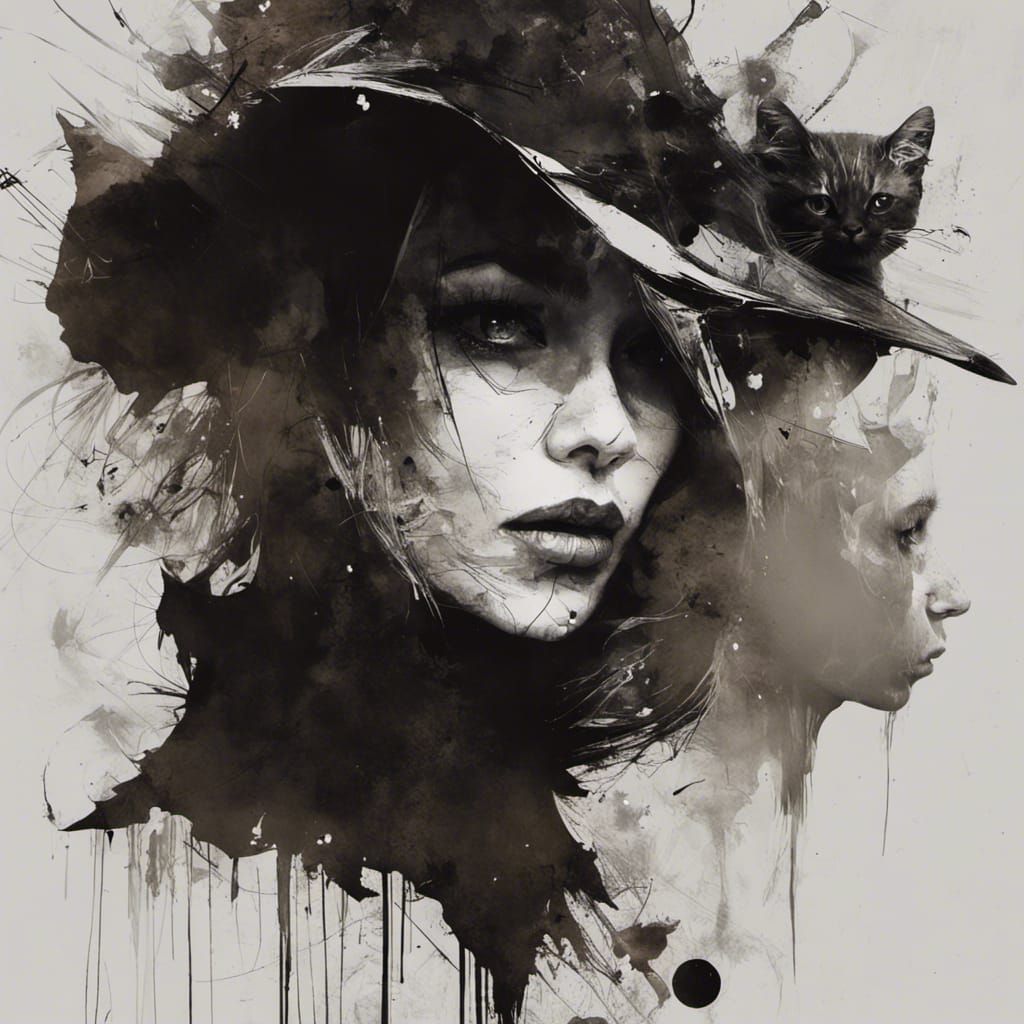 Silhouette Witch with Spooky Kittens Double Exposure