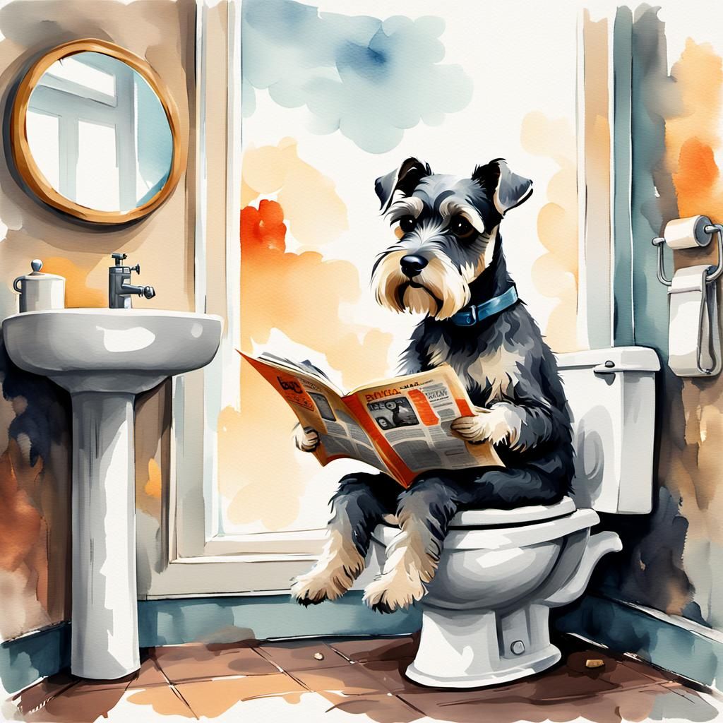 Miniature Schnauzer Reads Newspaper: Whimsical Digital Paint...