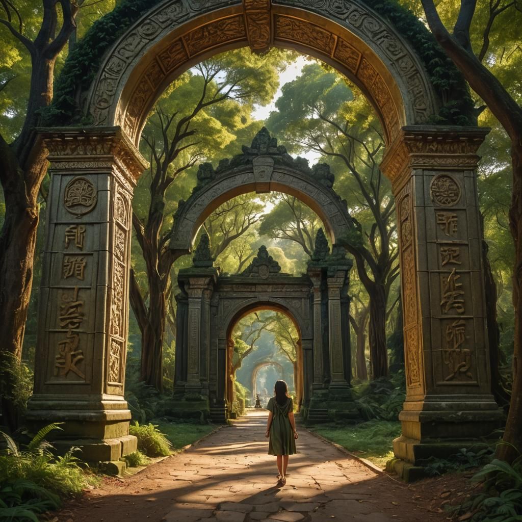 Girl Approaches Temple Archway in Lush Forest