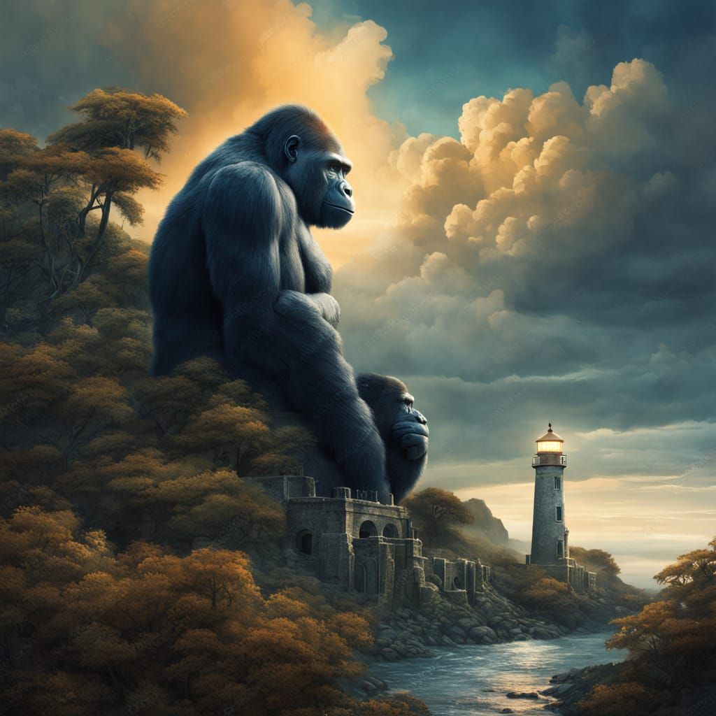Cybernetic Gorilla in Temple Ruins: Surreal Art