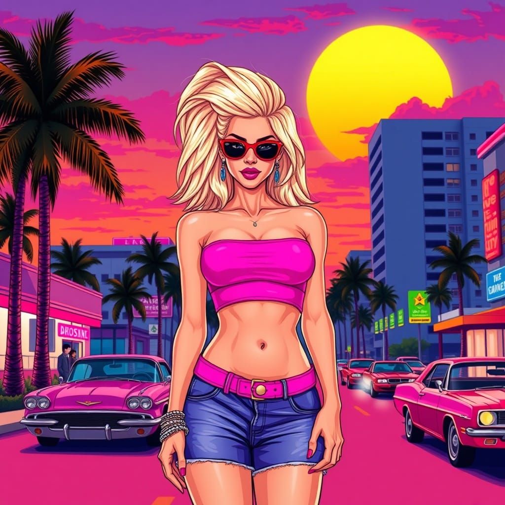 Retro Pixel Art Woman in 80s Miami Style