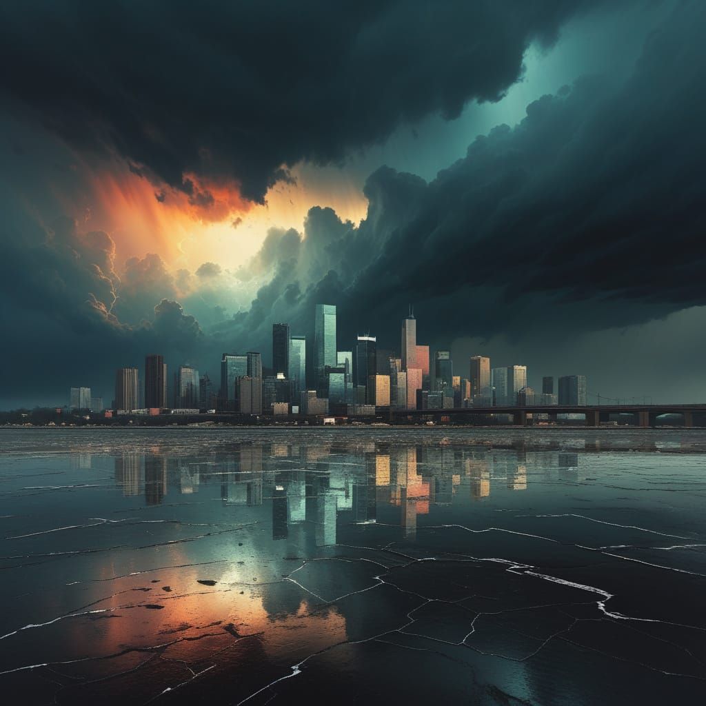 Abstract City Skyline Under Stormy Sky