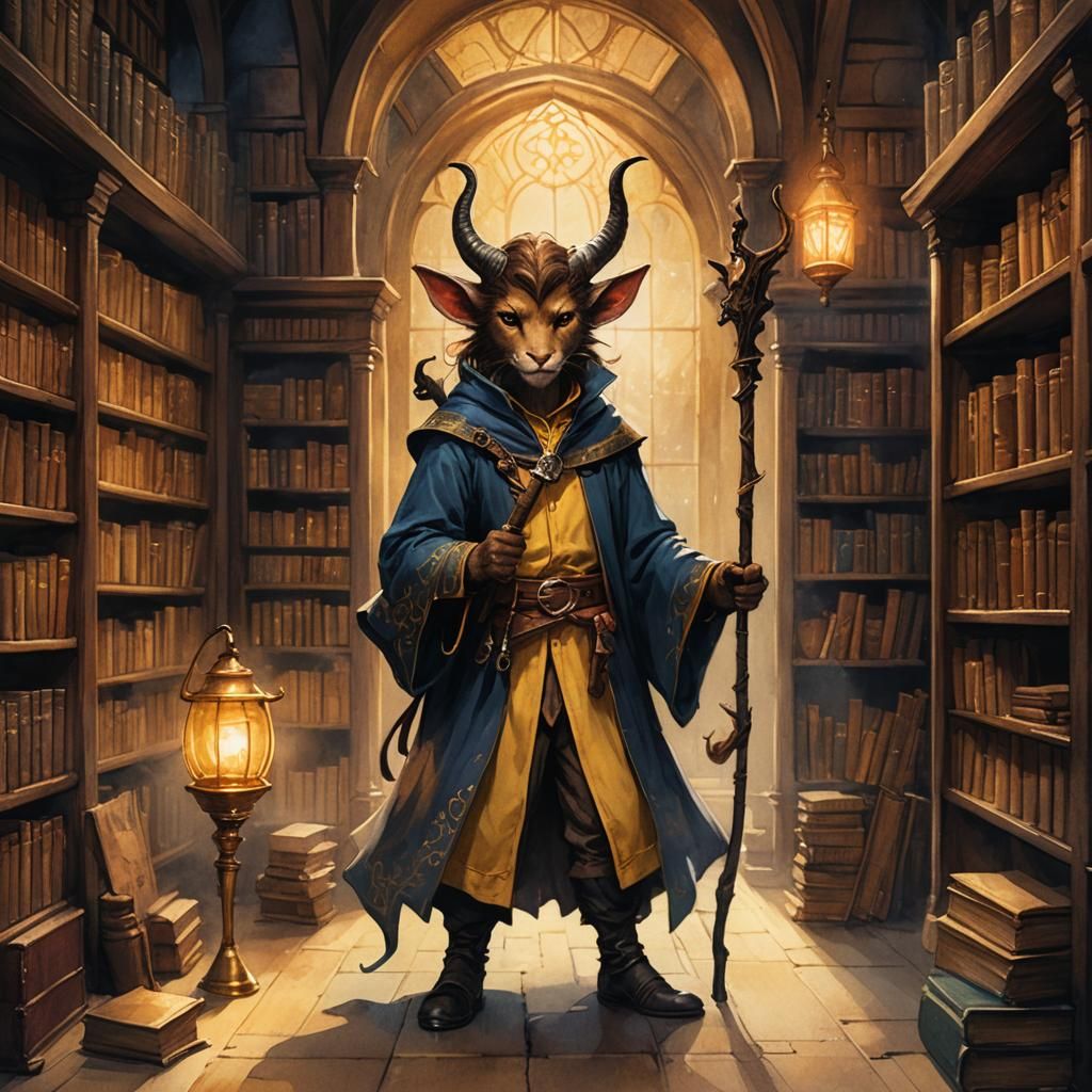 Mystical Tiefling Wizard in Nostalgic Library Concept Art