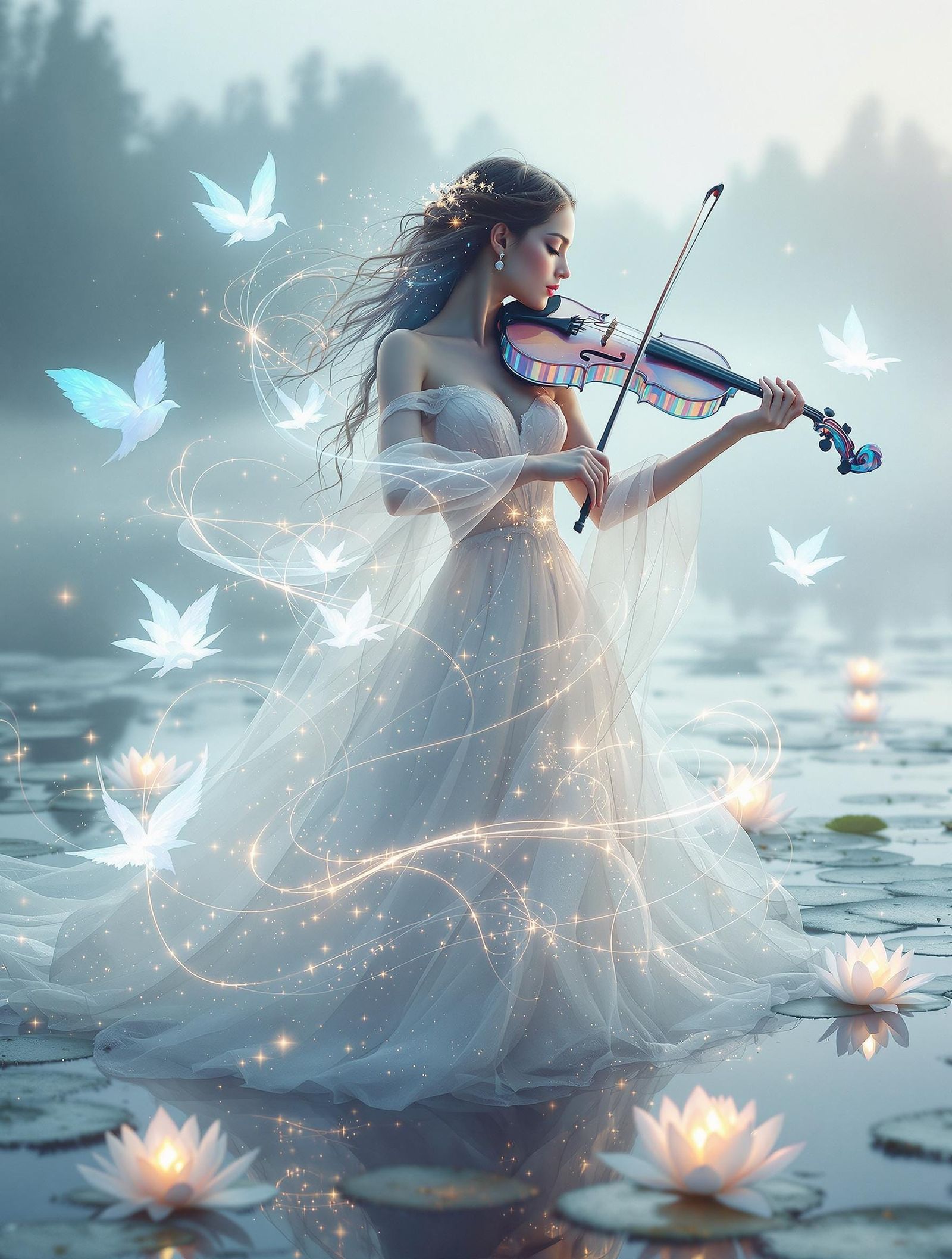 Ethereal Violinist in Ripples of Light
