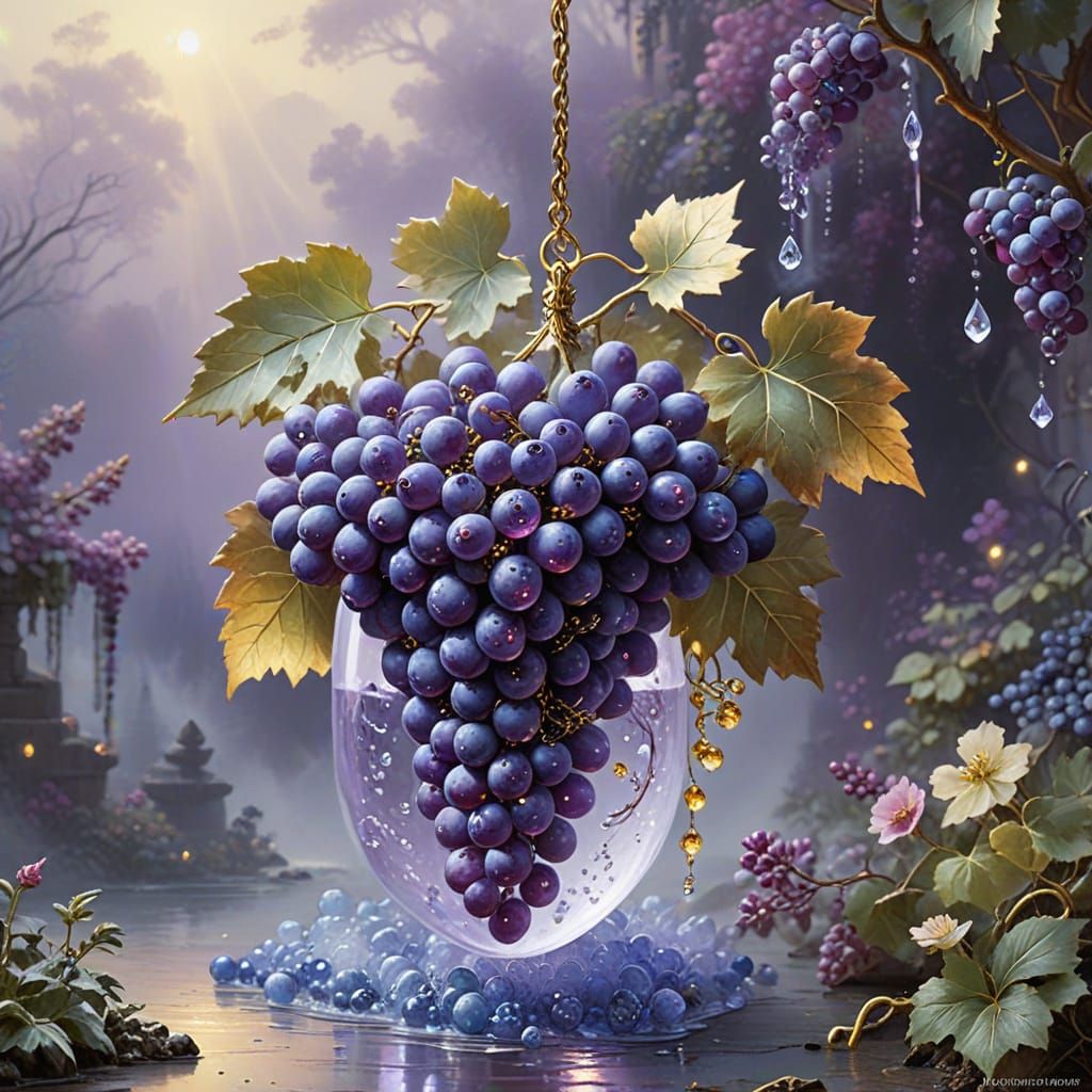Crystal Purple Grapes with Golden Swirls and Blossoms
