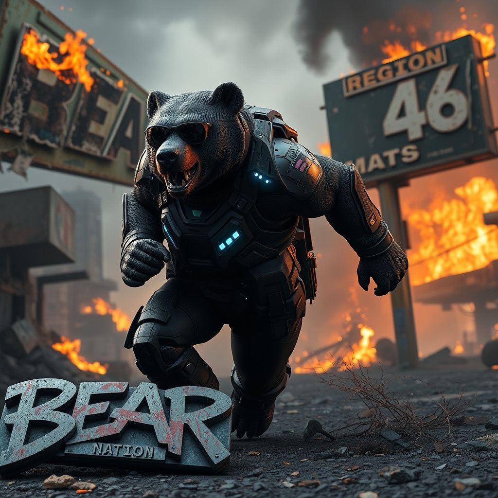 Armored Bear Runs Through Burning City in Dystopian Future