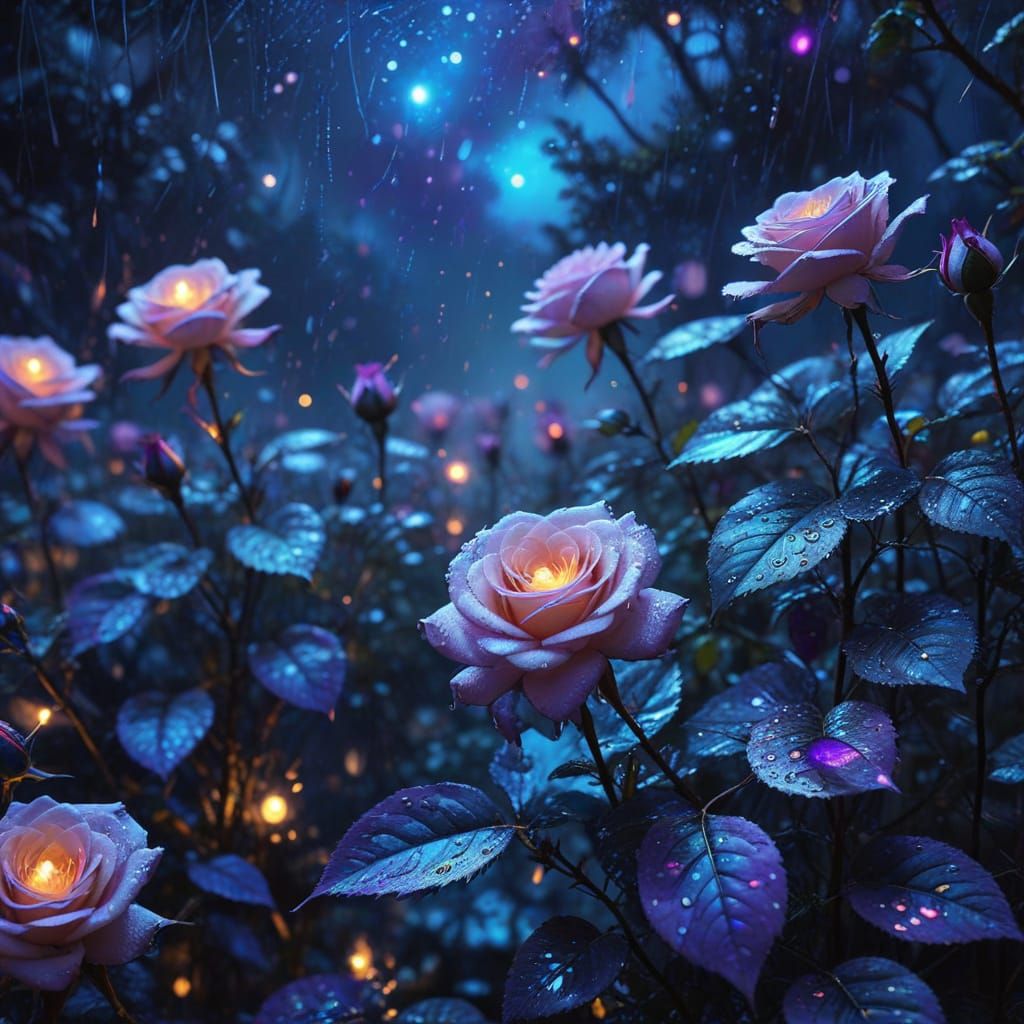 Cosmic Rose Garden on Rainy Moonlit Night