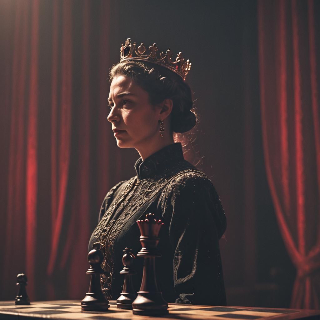 Dramatic Film Still of a Lonely Chess Queen