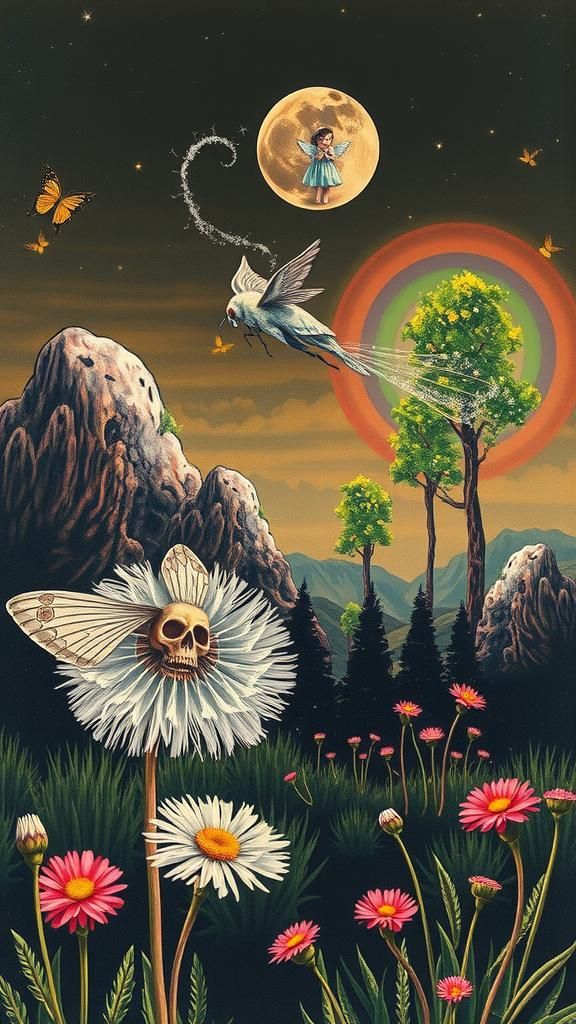 Radiant Sugar Skull Moth in Surreal Rayograph Dreamscape