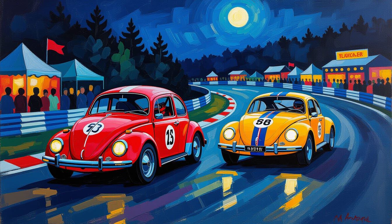 Volkswagen Beetles Race at Spa in Neo-Impressionist Style