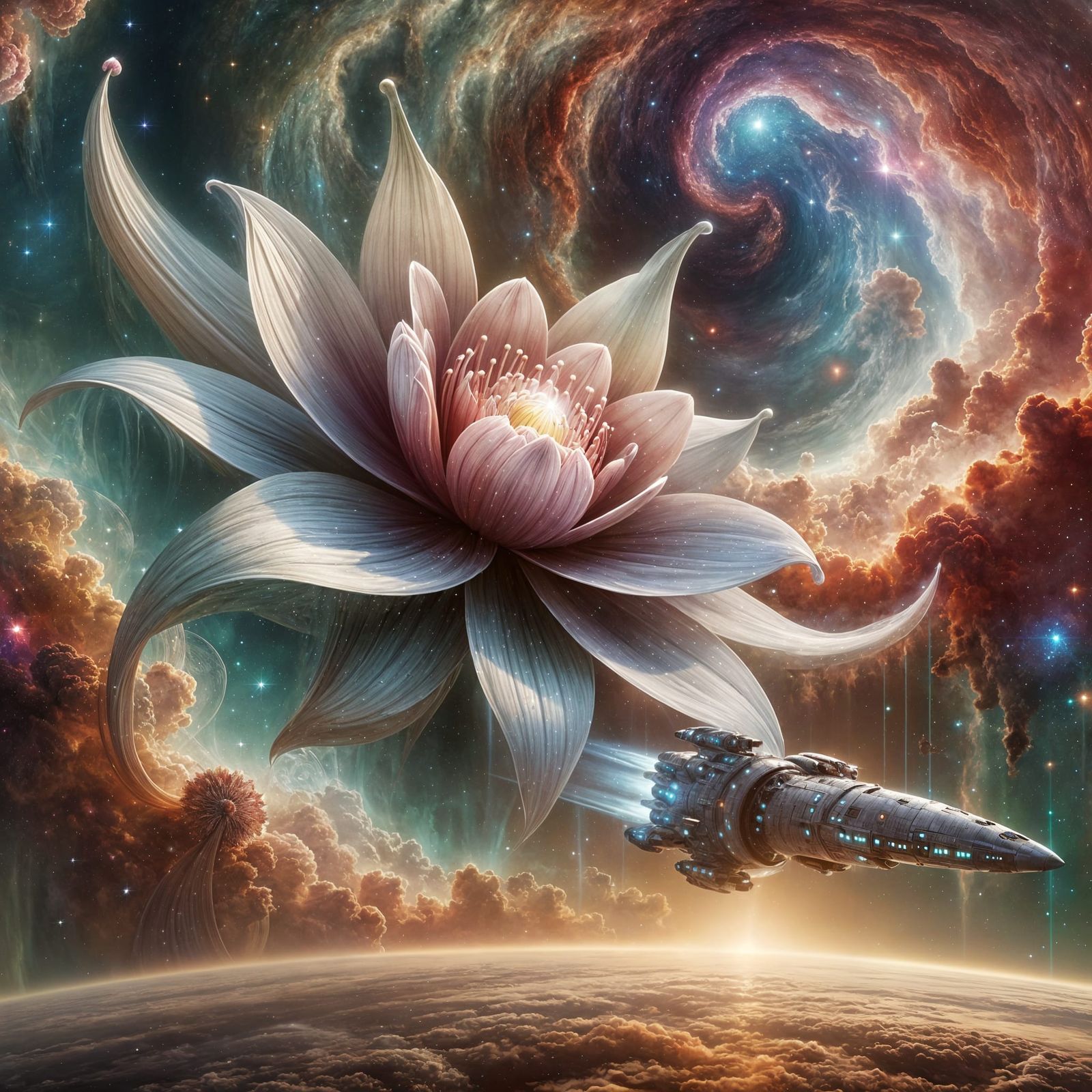 Water Lily Spaceship Gliding Through Cosmic Nebula