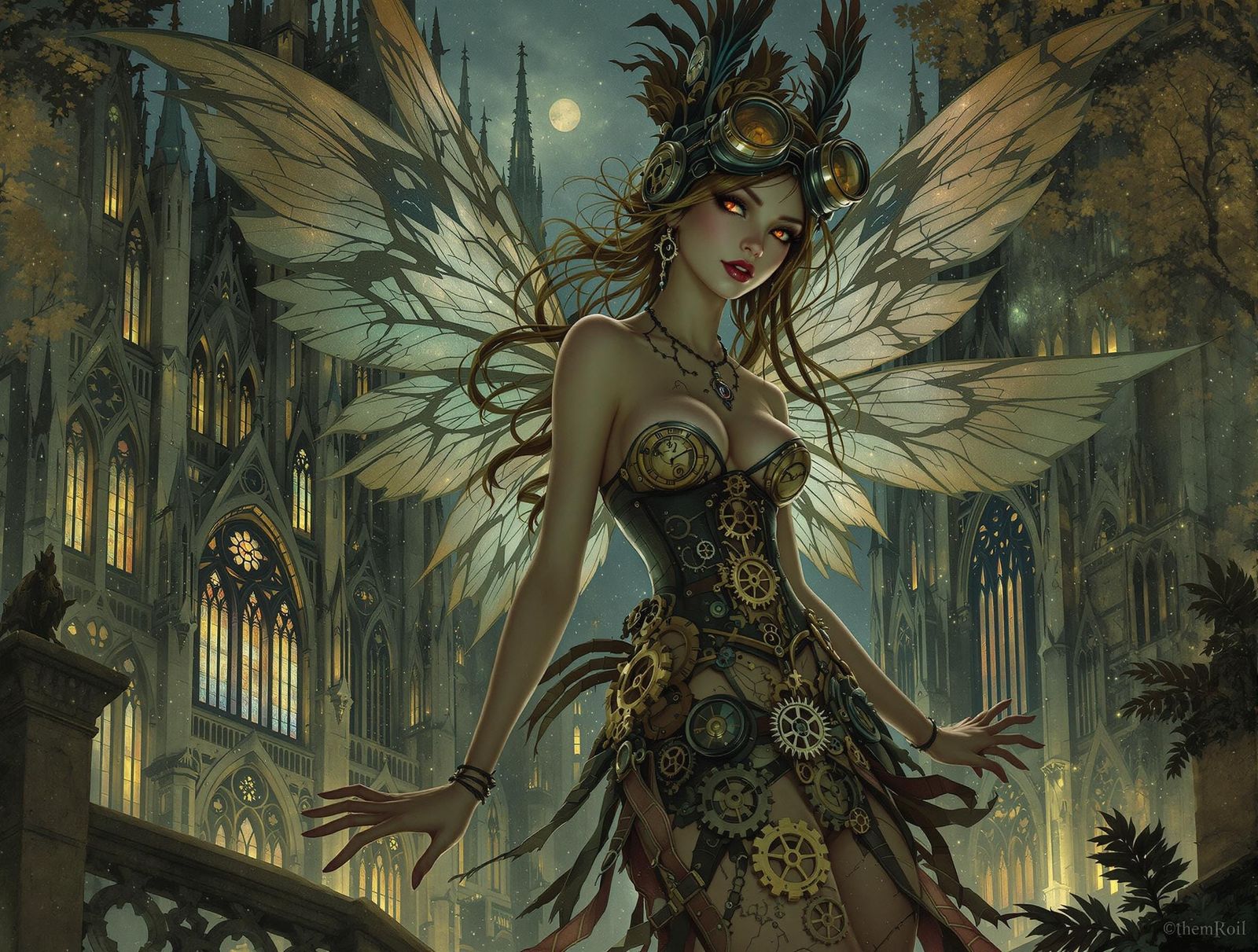 Steampunk Fairy Over Gothic Cathedral, Art Nouveau Style