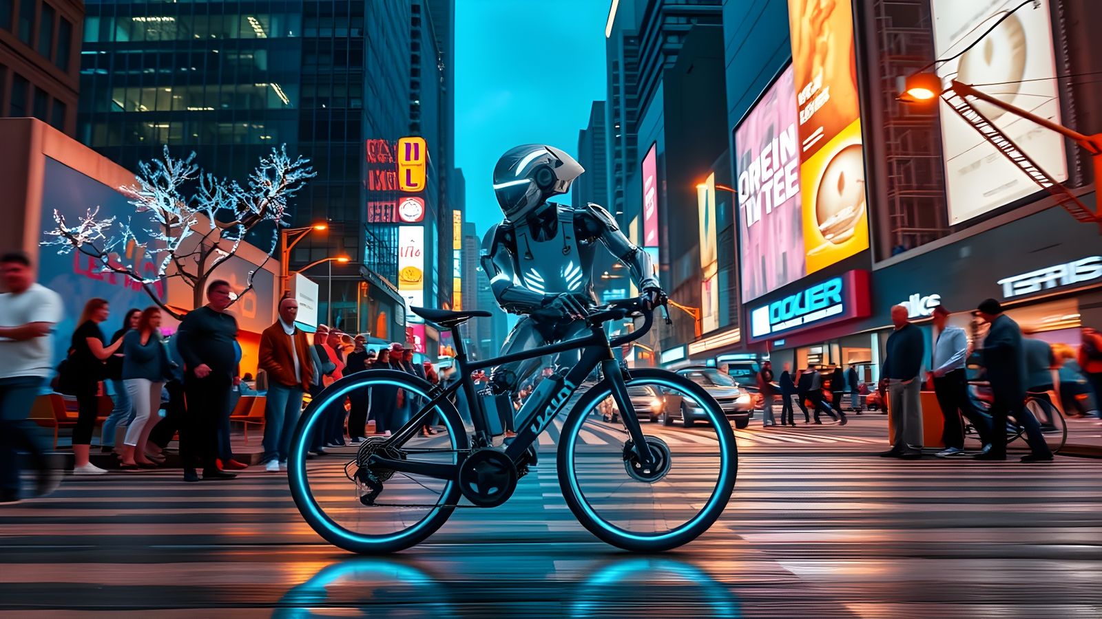 Robot Rides Bicycle in Futuristic Cityscape