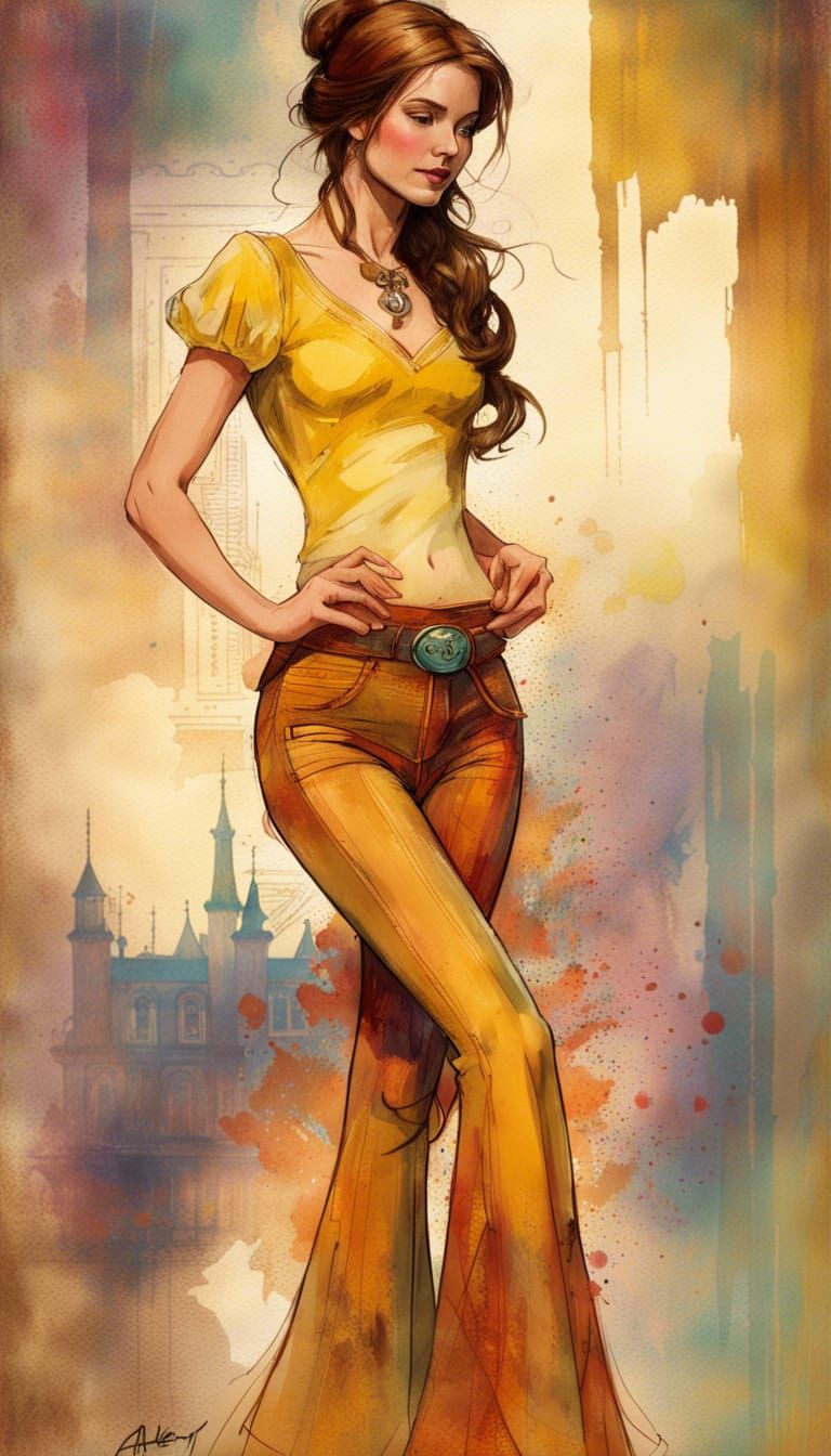 Princess Belle in 1970s Bell Bottoms: Digital Illustration